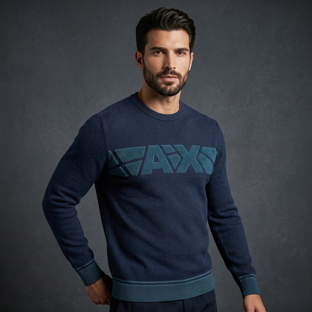 Armani Exchange Mens Medium Navy Blue Sweater Logo Stripe Knit Pullover